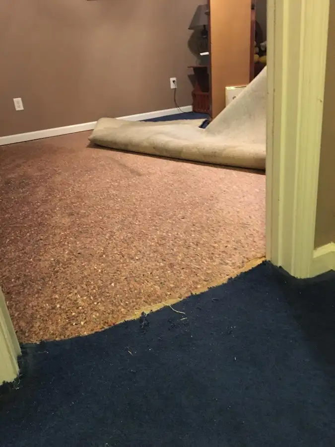 Carpet pad removal revealing water damage during Water Mitigation Services in Pascagoula